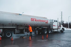 An image of a person standing in front of a grey truck